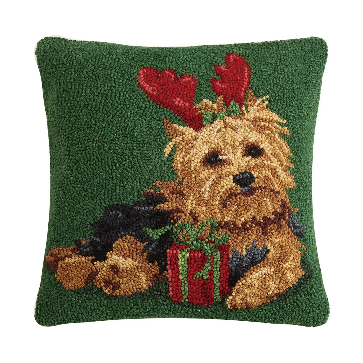 Christmas Yorkie with Reindeer Antlers Hook Pillow