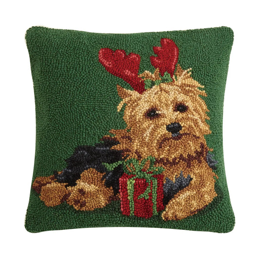 Christmas Yorkie with Reindeer Antlers Hook Pillow