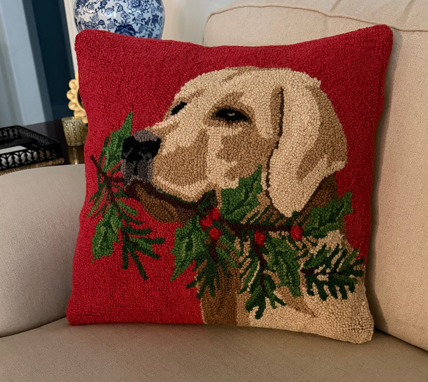 Golden Lab Dog with Holly Branch Hook Pillow