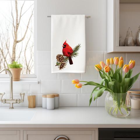 Kitchen towel cardinal on a branch